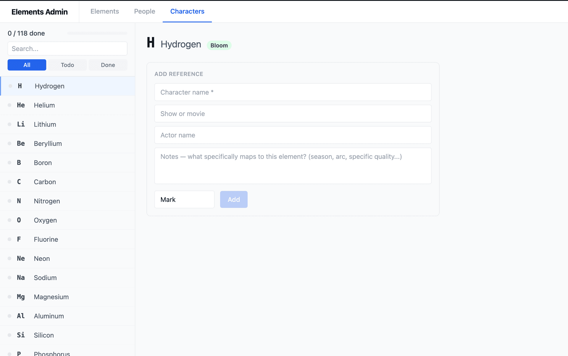Characters tab showing personality development workflow — 0/118 done, with reference form for character name, show/movie, actor, and notes