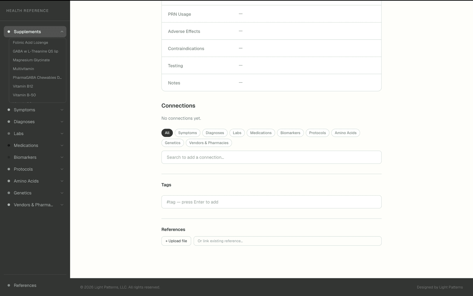 Supplement detail view showing Connections section with category filters, Tags input, and References upload