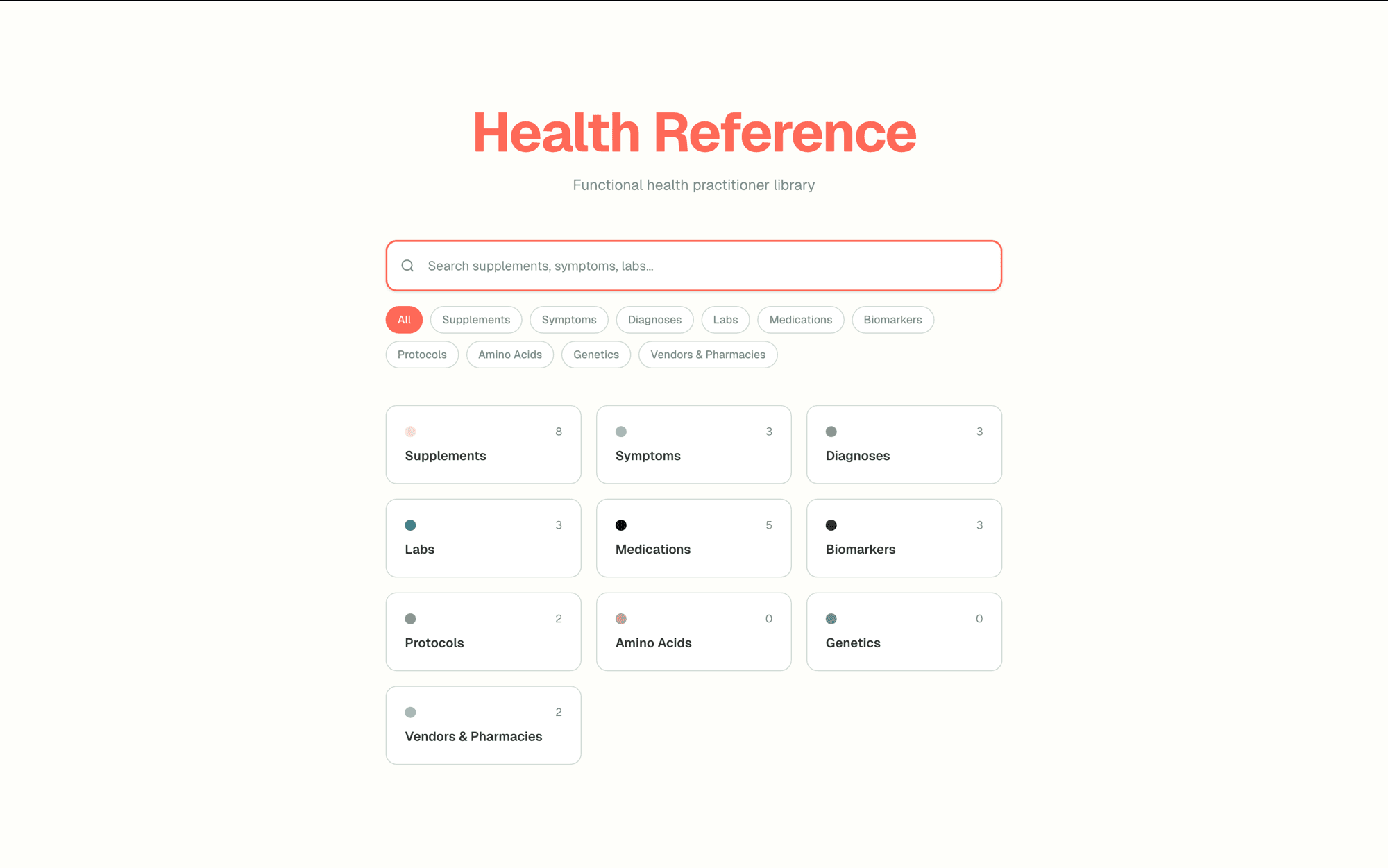 Health Reference home — coral heading, live search bar, category filter chips, and entity tiles with record counts