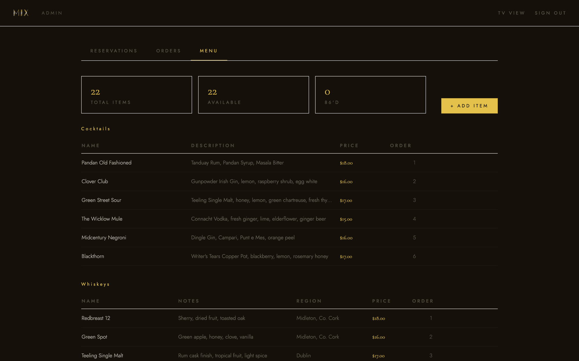 Mix admin panel showing menu management with 22 items, reservations and orders tabs