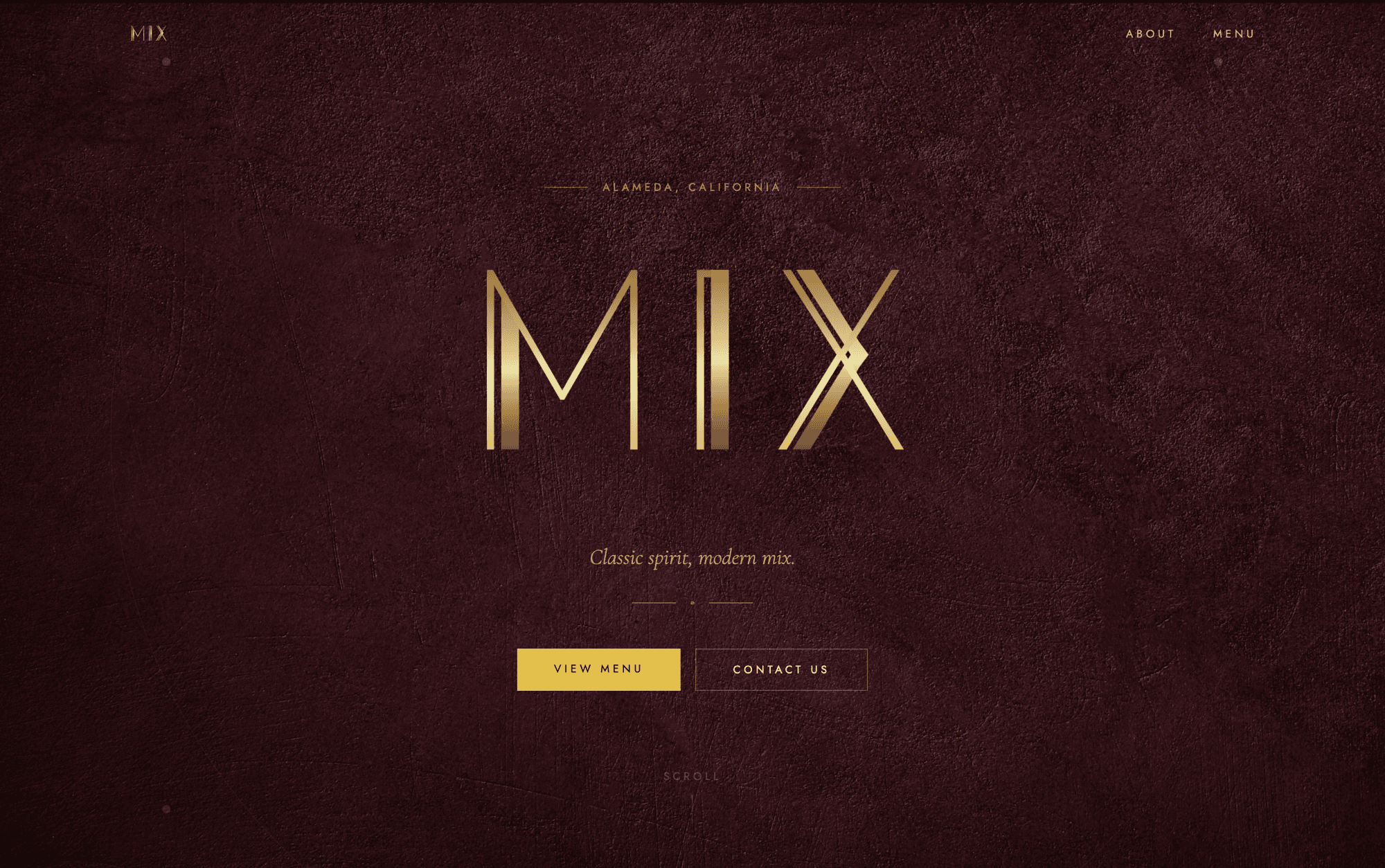 Mix bar website hero — dark burgundy texture with gold MIX wordmark