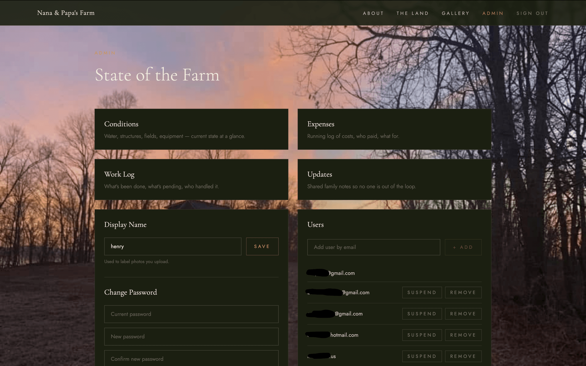 Nana & Papa's Farm admin dashboard — State of the Farm with Conditions, Expenses, Work Log, Updates panels and user management